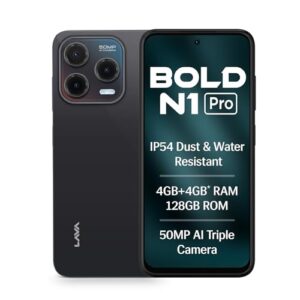Lava Bold N1 Pro (Stealth Black, 4 GB RAM, 128 GB Storage)| Bigger 6.67″ HD+ IP54 Display | 120 Hz Refresh Rate | 50 MP AI Triple Rear Camera | 8 MP Front Camera| 5000 mAh Battery| Charger in Box