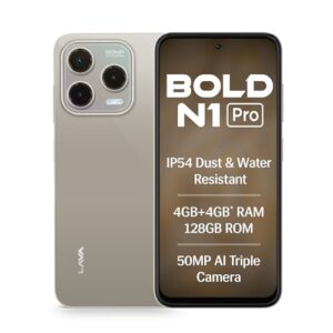 Lava Bold N1 Pro (Titanium Gold, 4 GB RAM, 128 GB Storage)| Bigger 6.67″ HD+ IP54 Display | 120 Hz Refresh Rate | 50 MP AI Triple Rear Camera | 8 MP Front Camera| 5000 mAh Battery | Charger in Box