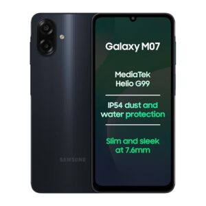 Samsung Galaxy M07 (Black, 4GB RAM, 64GB Storage) | MediaTek Helio G99 | IP54 Rating | 50MP Auto Focus Camera | 7.6mm Slim | 5000mAh Battery| 25W Fast Charging | 6 Gen of OS Upgrades | Without Charger