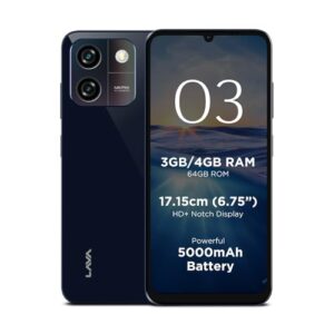 Lava O3 (Glossy Blue, 3 GB RAM, 64 GB Storage) | Biggest 6.75″ HD+ Display | 13MP AI Dual Rear Camera | 5000 mAh Battery | Secure Face Unlock | Fingerprint Reader | Charger & Phone-Cover in Box
