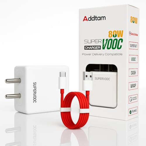 Addtam 80W Supervooc Fast Charger with C-Type 1M Cable|80w USB C Charge Compatible with OnePlus/Realme/Oppo/Redmi/Xiaomi/Poco/iQOO/Samsung/Motorola|Supports Dart/Dash/Warp/Vooc|80-watt Charging
