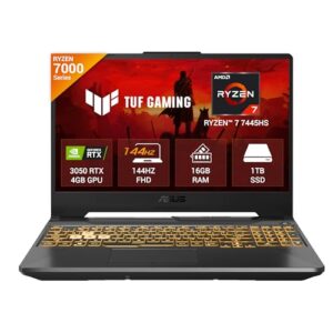 ASUS TUF A15 (2025) AMD Ryzen 7 7445HS,Gaming Laptop,RTX 3050-4GB,75W TGP,16GB RAM (Upgradeable Upto 64GB) 1TB SSD,FHD,15.6″,144Hz,48Whrs,M365 Basic (1Year)*,Office 2024,Black,2.3 Kg,FA506NCG-HN251WS