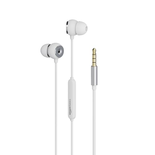 Amazon Basics Wired Earphones with 3.5mm Jack/Aux | in Ear Wired Earphones | Deep Bass, Tangle-Free Cable, Comfortable Fit | White