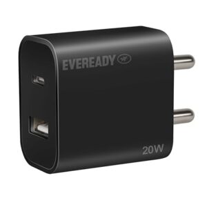Eveready 20W USB Type C Fast Charger with Dual Device Charging Compatibility,Compact & Travel-Friendly Design,Complete Protection Against Overvoltage & Overload at Output,Universal Compatibility,Black