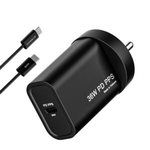 Hammer 36W Fast GaN Charger, iPhone 0 to 50% in 30mins, Compatible with iPhone 17,16, 15, 14, 13, 12, Samsung Mobiles & Laptop, FCC/CE Certified, 2 Yr Warranty, with C to C Cable (Black)