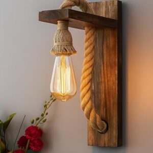 Homesake® Wooden Rope Wall Lamps, Home Decor Items E27 Holder Lantern Light Vintage Wall Hanging Antique Decorative Fancy Light for Wall Home, Living Room, Bedroom, Wall Decor | Pack of 1