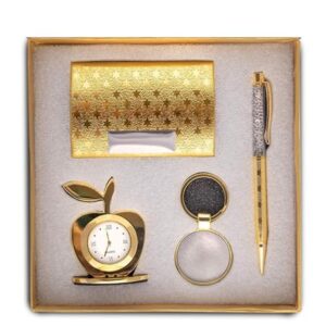 Lavanaya Silver 4 In 1 Gift Set With Table Clock, Metal Keychain, Card Holder And Crystal Pen Set For Corporate Gifting Diwali Gifting – Analog