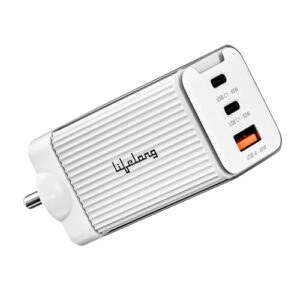Lifelong Electronics 65W GaN Fast Charger PD Technology | 1 USB A + 2 Type C Ports | iPhone 16/15/14, Android, Samsung | Laptops – MacBook, Dell, HP, Lenovo, Acer, ASUS | BIS Certified (Glacier White)