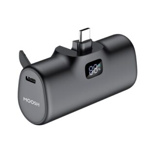 MOOSH Nano Power Bank with Built-in USB-C Connector, 5,000mAh Portable Charger 20W, with Digital Display, Safety Protection for iPhone 16/15 Series, Samsung and More