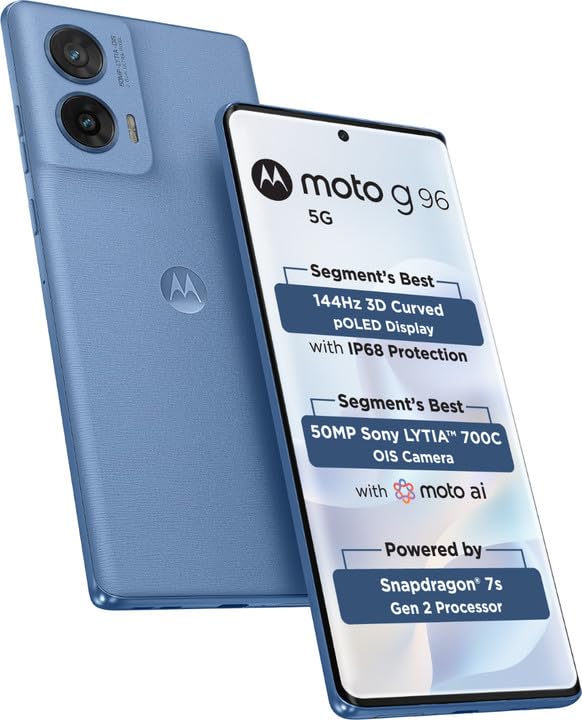 Motorola Moto G96 5G AI Smartphone (Pantone Ashleigh Blue, 8GB RAM+ 256GB Storage) | Snapdragon 7s Gen 2 Processor | Curved pOLED Display | Dual SIM | 5500 mAh Battery