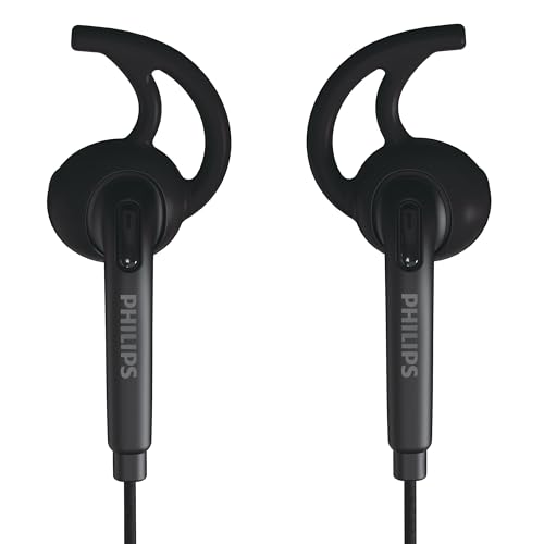 Philips TAA1009BK/94 in-Ear Sports Wired Earphones with Mic, 12mm Neodymium Drivers, Secure Fit Wing Tips, IPX4 Splash/Sweat Resistant, 3-Button Remote, 1.2 m Cable with 3.5 mm Stereo Plug (Black)