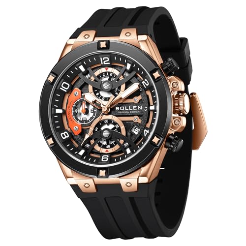 SOLLEN Men's Chronograph Watch, Analog Quartz Watches for Men, Fashion Sport Wrist Watches with Silicon Strap, 30M Waterproof Casual Dress Work Watch with Calendar, Skeleton Watches Gifts for Men
