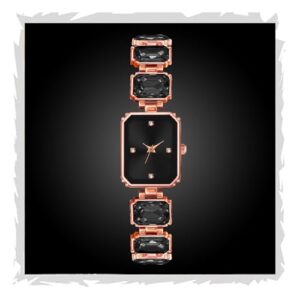 SWADESI STUFF Rectangular Dial Rose Gold Stainless Steel Quartz Watch for Women – 32mm Diamond Stone Studded Elegant Casual Wristwatch (Black & Pink Dial Options)