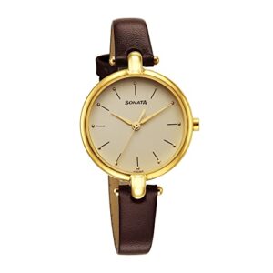 Sonata Gold Edit Quartz Analog Champagne Dial Brown Leather Strap Watch for Women – NR87043YL02W