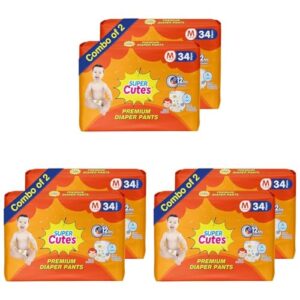 Super Cute’s Premium Baby Diapers M Size, 68 Count, Super Soft and Rash Free Diapers, Overnight Leakage Protection (Pack of 6)
