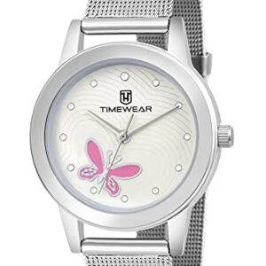 TIMEWEAR Analog Pink Butterfly Silver Dial Stainless Steel Strap Watch for Women