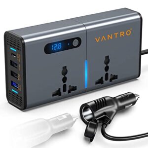 Vantro 200W Car Power Inverter/Laptop Charger with 3 USB (6.2A Max) & 1 C Type(1 * 27WPD) Smart USB Ports, 2 AC Universal Outlets and 12V DC to 220V AC with QC3.0 Model P2