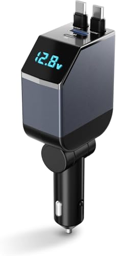 bAssDrops 125 Watt Retractable Car Charger, 4 in 1 Super Fast Charge Car Phone Charger,Retractable Cables and 2 USB Ports Car Charger Adapter for iPhone 15/14/13/12 Pro Max XR,iPad,Samsung,Pixel