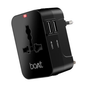 boAt Universal Adapter C10 Compatible with US, UK, EU & AU Plug Types, Two USB Ports with 10W Max Support, 5-in-1 Travel Adapter with Surge & Smart IC Protection, 1-Year Warranty (Carbon Black)