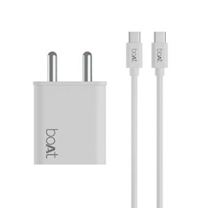 boAt WCDV 22.5W Dual Port Fast Charger, Overheat/Overcharge Protection, Auto Detection for Samsung, Xiaomi & Android Users with Type C to Type C Cable (White)