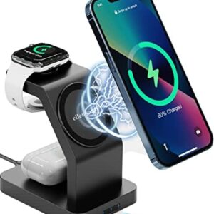 eller santé® Wireless Charger 3-in-1 23W Magnetic Mag-Safe for iPhone 17/17 Air/17 Pro/17 Pro Max, 16/16 Plus/16 Pro/16 Pro Max, 15/14/13/12, Airpods 3rd/2nd gen, Series 9/8/7/6/5/4/SE-Black