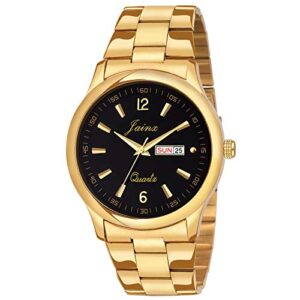 jainx Premium Golden Chain Day and Date Feature Analog Stainless Steel Black Dial Gold Plated Band Wrist Watch for Men – JM1132