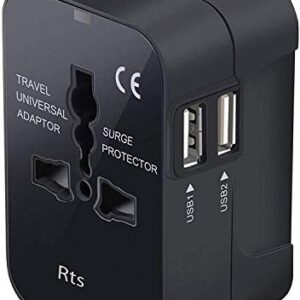 rts Universal Travel Adapter, International All in One Worldwide Travel Adapter and Wall Charger with USB Ports with Multi Type Power Outlet USB 2.1A,100-250 Voltage Travel Charger (Black)