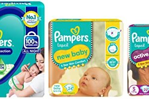 Pampers All round Protection Pants, New Born & Active Baby Diapers, New Born, Extra Small, (NB, XS) size, 24 Count, Taped style diaper & Active Baby Taped Diapers, Small size Diapers