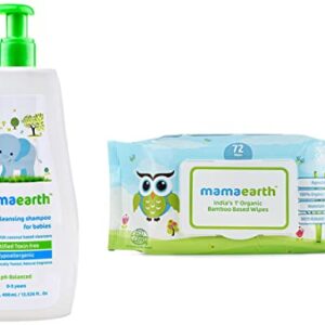 Mamaearth Gentle Cleansing Natural Baby Shampoo, 400ml (White) & India’s First Organic Bamboo Based Baby Wipes (72 Wipes)
