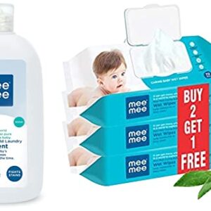 Mee Mee Caring Baby Wet Wipes with lid, 72 Pcs (Aloe Vera, Pack of 3) & Mee Mee Mild Baby Liquid Laundry Detergent (Bottle) (300 ml, Bottle)