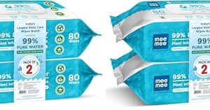 Mee Mee Pure Water Wet Wipes with Lid 80 pcs × 2 (160 Pcs)– Unscented, Plant Derived, Super Thick Baby Wet pure Wipes (Pack of 2)
