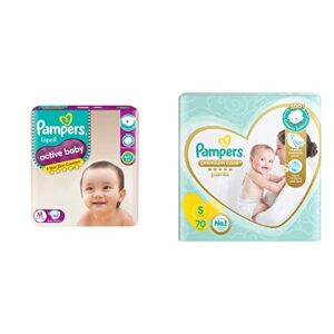 Pampers Active Baby Taped Diapers, Medium size diapers, (M) 62 count, taped style custom fit & Pampers Premium Care Pants, Small size baby diapers (S), 70 Count, Softest ever Pampers pants