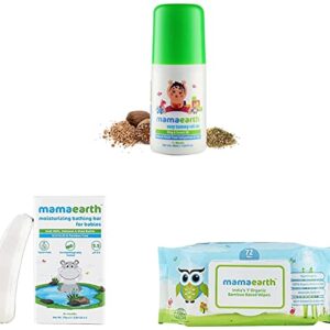 Mamaearth Easy Tummy Roll On for Colic & Gas Relief with Hing & Fennel Oil 40ml & Moisturizing Baby Bathing Soap Bar & India’s First Organic Bamboo Based Baby Wipes (Pack of 1)