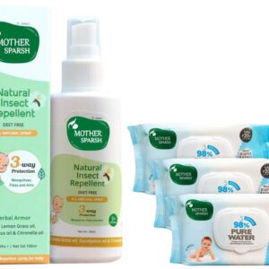Mother Sparsh 98% Water Based Baby Wipes I Plant made Wet Wipes I 80 Pcs wipes with lid, Pack of 3 & Mother Sparsh Natural Insect Repellent Spray For Babies- 100ml