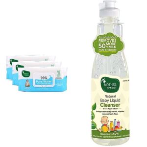 Mother Sparsh 99% Pure Water (Unscented) Baby Wipes I Natural Plant Made Cloth – Super Thick I 72 pcs/Pack – Pack of 3&Mother Sparsh Plant Powered Natural Baby Liquid Cleanser- 500ml