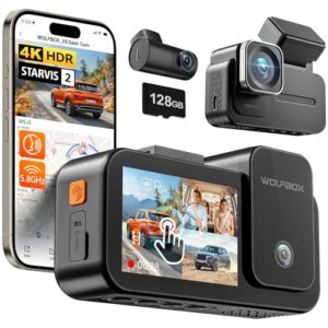 WOLFBOX X5 3 Channel Dash Cam for Car, 4K + 2.5K + 1080P Front and Rear Inside Dash Cam with 5.8GHz WiFi GPS, 8MP STARVIS 2 IMX678, HDR, 128GB Card Included, Touchscreen, Voice Control, Supports 512GB
